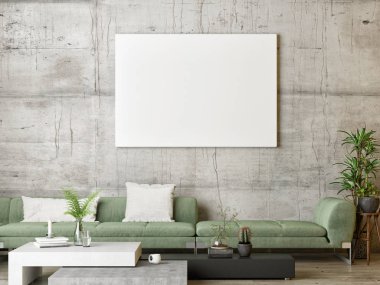 Alay poster, yeşil İskandinav oturma odası, 3d render, 3d çizim.