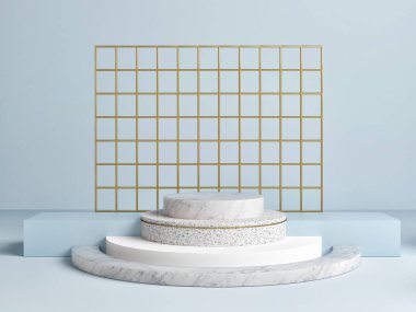 Alay podyum soyut kavram tasarım, mavi arka plan, 3d render, 3d çizim.