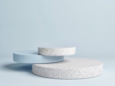 Sahte kazanan podyum, mavi arka plan ile soyut minimalizm, 3D render, 3D illüstrasyon