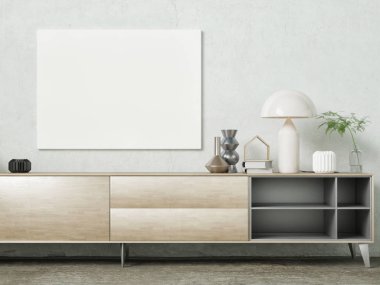Sahte poster, dekorasyon ile modern sideboard, 3d render, 3d illüstrasyon