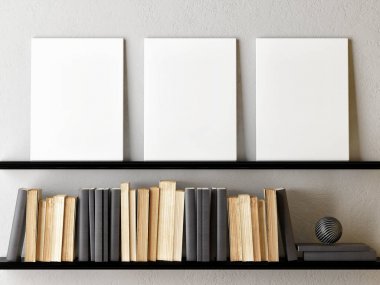 Sahte poster, ev dekorasyonu ile Kitaplar, 3d render, 3d illüstrasyon