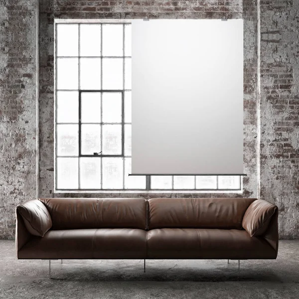 Mock Poster Leather Sofa Loft Rendering Illustration — Stock Photo, Image