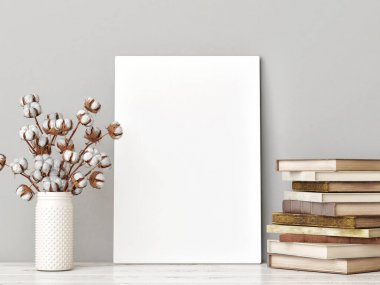 Pamuklu ve kitaplı beyaz poster, 3 boyutlu illüstrasyon