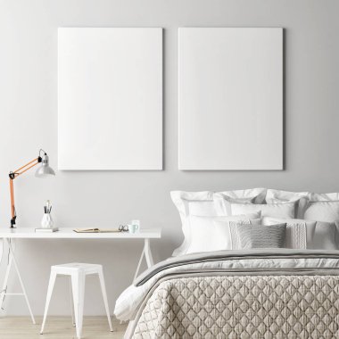 Sahte poster, oturma odası modern minimalizm tasarım, 3d render, 3d illüstrasyon