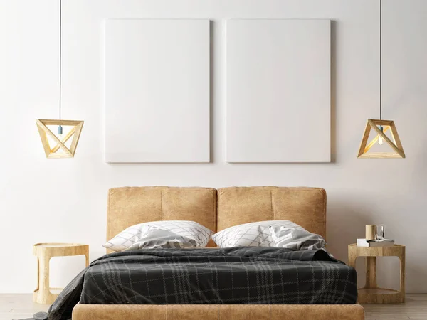 Twee Mock Posters Boven Comfortabel Bed Renderen Illustratie — Stockfoto