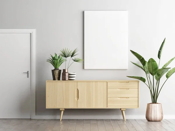 Affisch Ovan Sideboard Vardagsrum Med Växter Render Illustration — Stockfoto