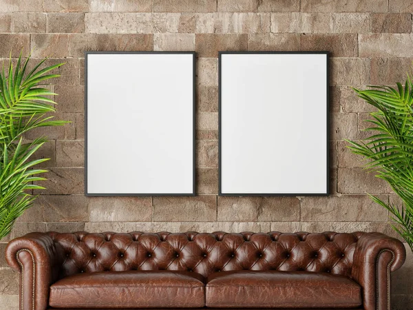 Twee Posters Met Retro Sofa Deel Van Woonkamer — Stockfoto