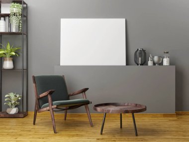 Sahte poster, 3d render, 3d illüstrasyon ile ahşap mobilya