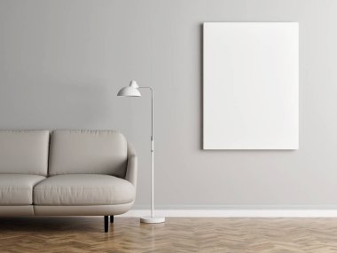 Renkli afiş, gri arka plan duvar, 3D illüstrasyon ile Minimalism kanepe