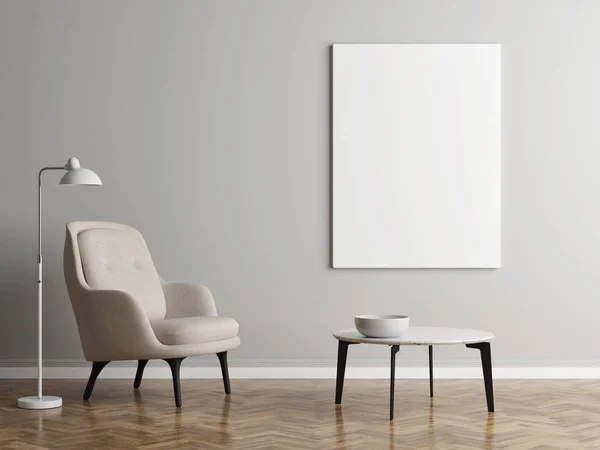 Minimalismus Design Sessel Mit Poster Attrappe Grauer Wand Illustration — Stockfoto