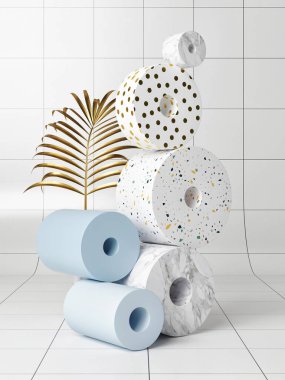Pastel renk bit ile soyut geometrik kompozisyon podyum güzel tasarım, palmiye yaprağı, 3d illüstrasyon, 3d render