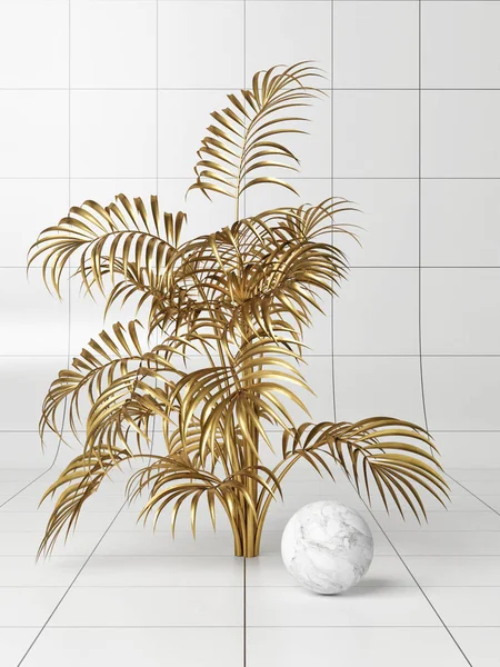 极简主义金棕榈与大理石球组成抽象背景 3D插图 — 图库照片