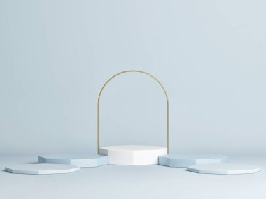 Sahte kazanan podyum, minimal tasarım, mavi arka plan, 3d render, 3d illüstrasyon