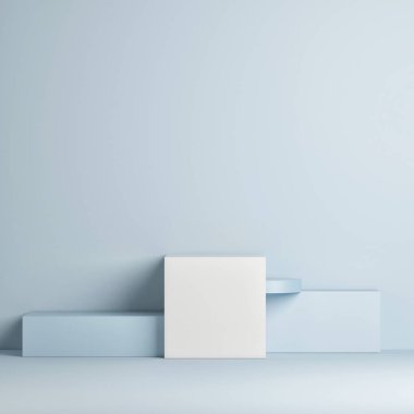 Sahte kazanan podyum, minimal tasarım, mavi arka plan, 3d render, 3d illüstrasyon
