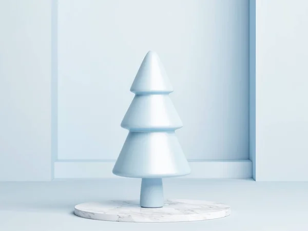 Mock Podium Winnaar Concept Kerstboom Blauwe Achtergrond Render Illustratie — Stockfoto