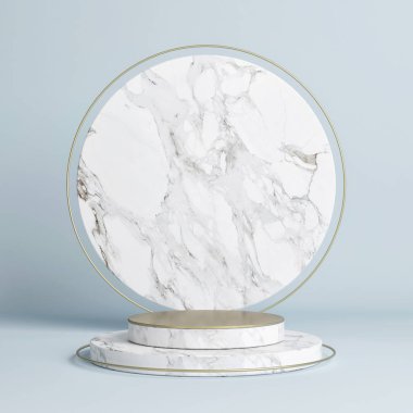 Mavi zemin üzerinde kazanan soyut podyum, 3D model, 3d illüstrasyon