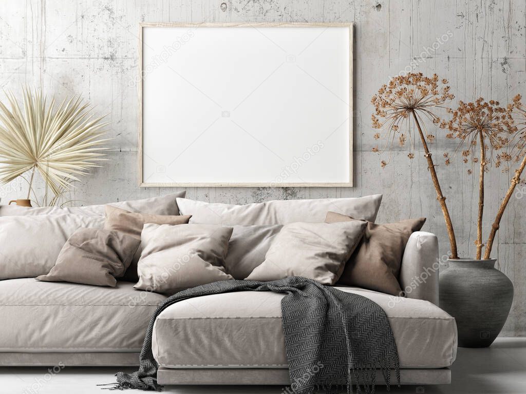 Mockup the poster, Scandinavian Living Room, Comfortable Sofa with pants, 3d render, 3d illustration