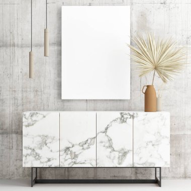 Beton duvarda maket poster, İskandinav tasarımı, 3 boyutlu çizim, 3 boyutlu resim