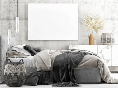 Beton duvarda maket poster, İskandinav tasarımı, 3 boyutlu çizim, 3 boyutlu resim