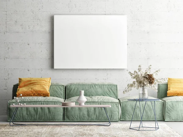 Home Interior Attrappe Poster Auf Einer Betonwand Sofa Und Dekor — Stockfoto