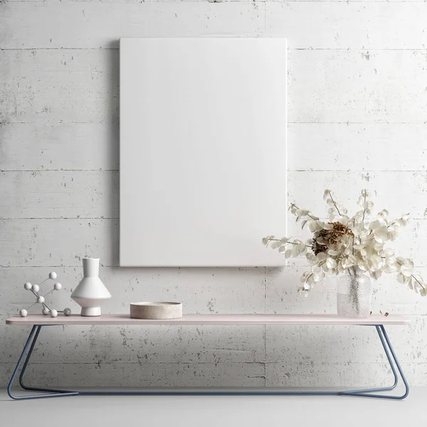 带有家居装饰的白色混凝土墙壁上的家庭室内模拟海报 斯堪的纳维亚式设计 3D渲染 3D插图 — 图库照片