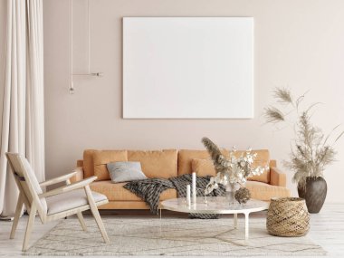 Oturma odasındaki posteri düzenle, doğal renkler arka plan, 3D resim, 3D resim