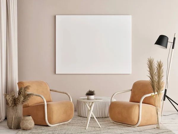 Mock up poster in Living room, natural colors background, 3d render, 3d illustration