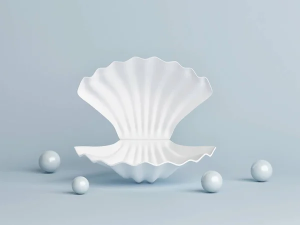 Guscio Bianco Con Perle Presentazione Del Prodotto Sfondo Blu Rendering — Foto Stock