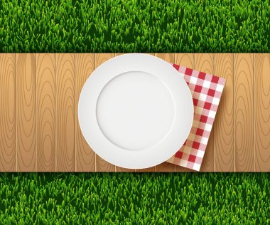 Dekorasyon için boş alan bahçesinde kırmızı ve beyaz masa örtüsü