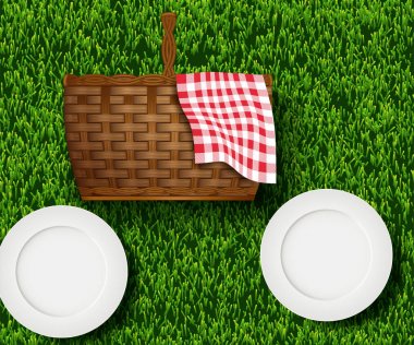 Sepet ile çim üzerinde Summertime piknik, beyaz boş plaka ve aksesuarlar