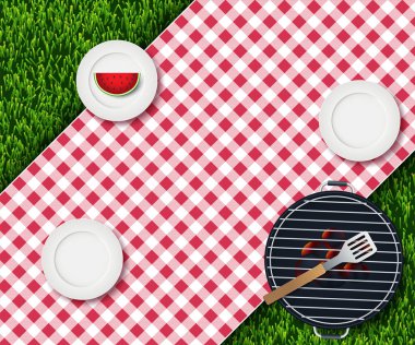 Vektör gerçekçi 3D Illustration beyaz boş plaka, yeşil çim çim üzerinde şemsiye kırmızı ekose