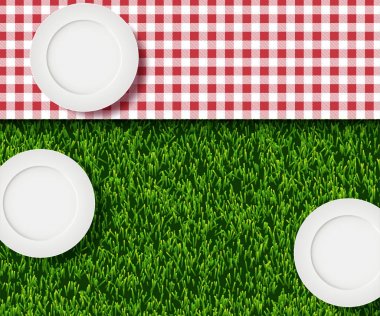 Vektör gerçekçi 3D Illustration beyaz boş plaka, yeşil çim çim üzerinde şemsiye kırmızı ekose