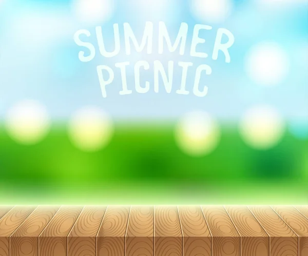 Światło słoneczne na lato niebo z stoły piknikowe drewniane — Wektor stockowy
