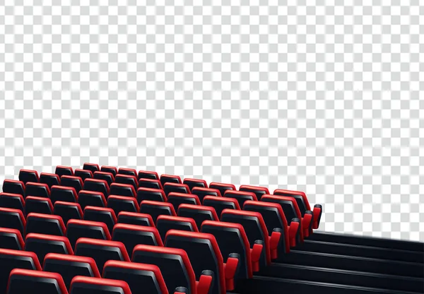 Righe di sedili di cinema o teatro rosso davanti a uno sfondo trasparente — Vettoriale Stock