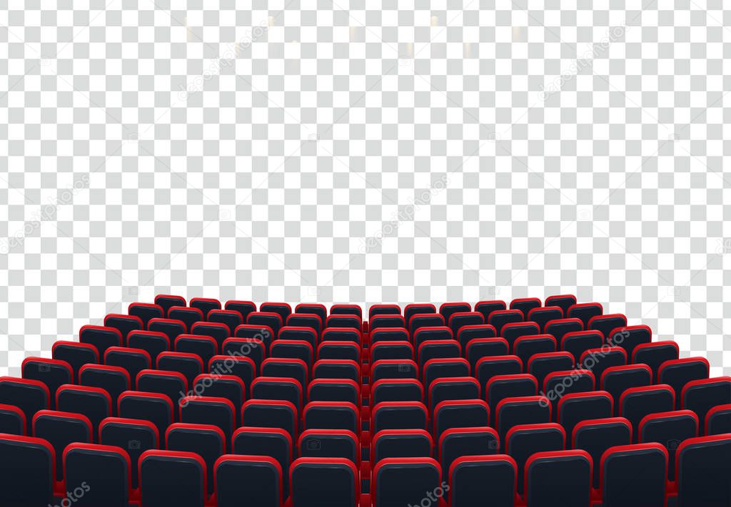 Rows of red cinema or theater seats in front of transparent background