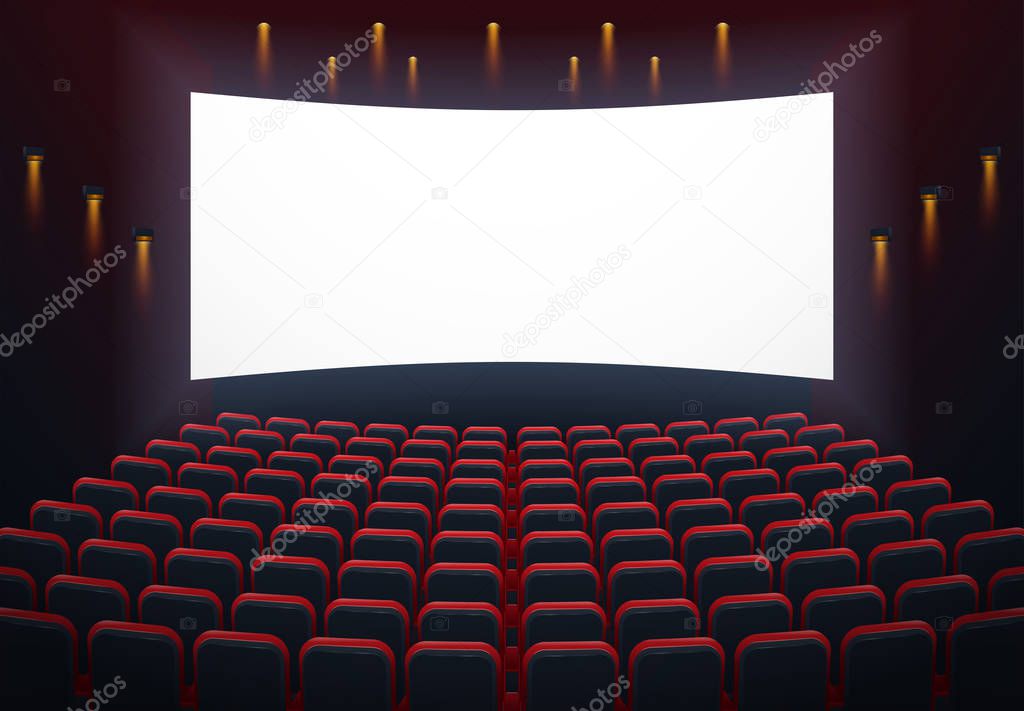 An illustration of the interior of a cinema movie theatre with copyspace on the screen