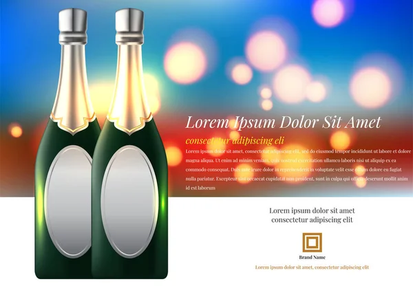 Illustration vectorielle de Verre à vin avec une bouteille de champagne dans un seau sur fond pétillant — Image vectorielle