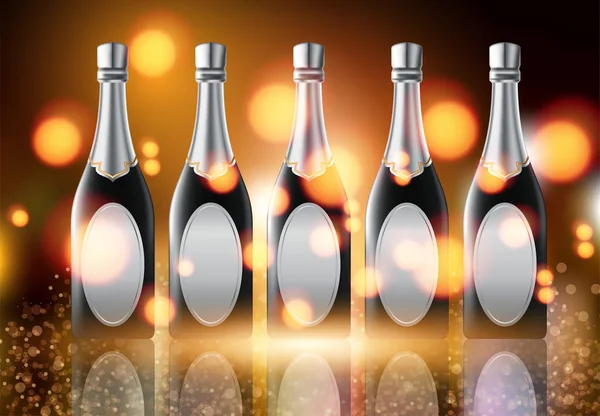 Vektor-Illustration von drei Champagnerflaschen auf prickelndem Hintergrund — Stockvektor