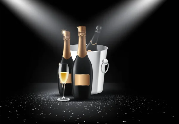 Partij uitnodigingskaart met fles Champagne, glazen — Stockvector