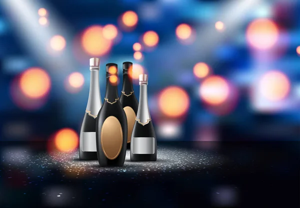 Vektor-Illustration eines Weinglases mit einer Flasche Champagner in einem Eimer auf glitzerndem Hintergrund — Stockvektor