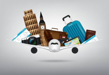 Seyahat 3d Gerçekçi Öğeler ile Reklam için Seyahat Zaman, Kamera, Güneş Gözlüğü, Pasaport, Pusula, Not Defteri, bavul