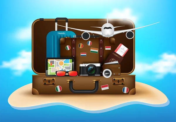 Desktop del viaggiatore con valigia, macchina fotografica, biglietto aereo, passaporto, bussola e binocolo, concetto di viaggio e vacanze — Vettoriale Stock
