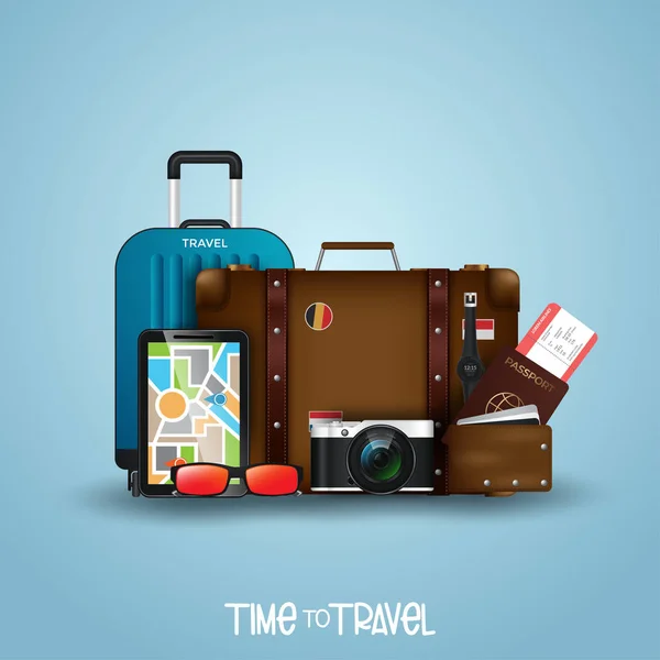 Trip to World. Travel to World. Vacation. Road trip. Tourism. Travel banner. Open suitcase with landmarks. Journey. Travelling illustration
