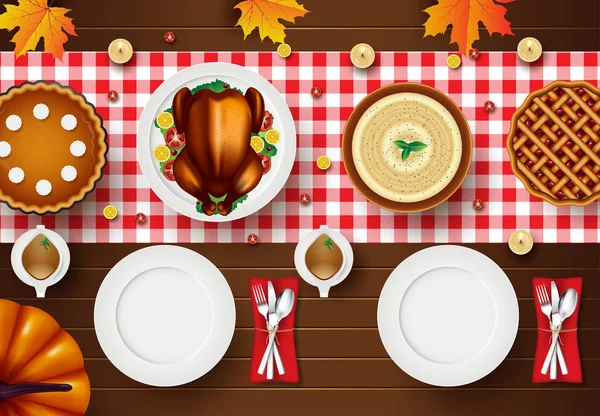 Happy Thanksgiving kort med höst ikoner över trä bakgrund. färgglad design. vektor illustration — Stock vektor