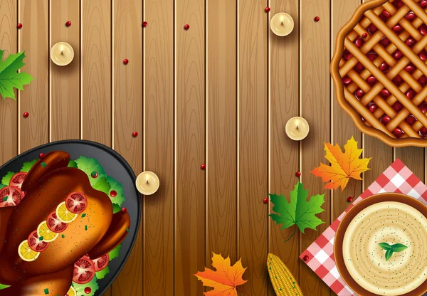 Ευχαριστιών δείπνο φόντο με την Τουρκία και όλα τα πιάτα του πλευρές, κολοκυθόπιτα, πτώση φύλλα και εποχιακά φθινοπωρινή διακόσμηση σε ξύλινα φόντο, το top view, αντίγραφο χώρου — Διανυσματικό Αρχείο
