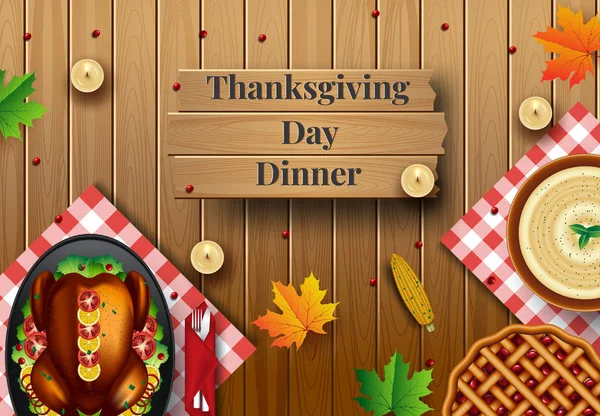 Thanksgiving middag bakgrund med Turkiet och alla sidor rätter, pumpa paj, faller bladen och säsongsbetonade höstlig inredning på trä bakgrund, ovanifrån, kopiera utrymme — Stock vektor