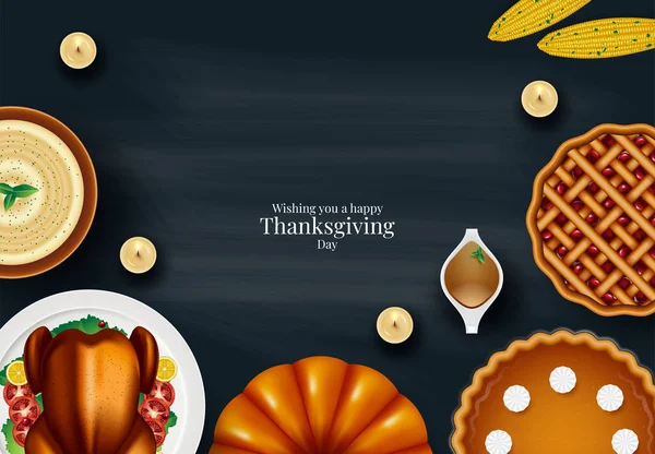 Ilustración de pavo, frutas y vino en la celebración de la cena de Acción de Gracias Feliz — Vector de stock