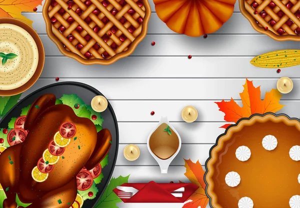Dîner de Thanksgiving Turquie sur table en bois blanc avec espace de copie — Image vectorielle