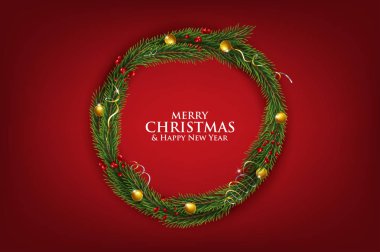 Noel ve mutlu Yeni Yıl çelenk ve çilek ile süslenmiş gerçekçi görünümlü Noel ağacı dalları sınır