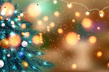 Bulanık ışıklar ile karanlık bir gece bokeh arka plan üzerinde noel ağacı dalları Vektör illüstrasyon